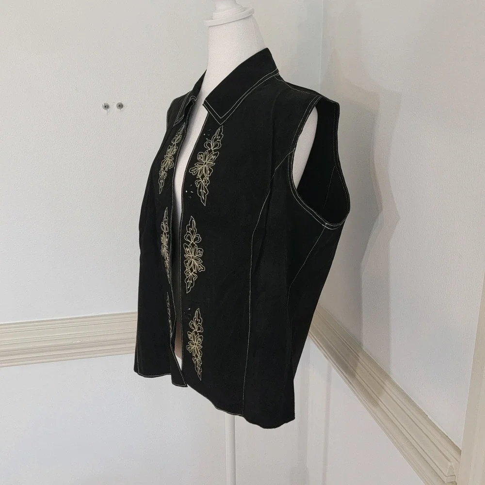 Coldwater Creek Vest Embroidered Suede Leather Black Western Boho Women's 1X